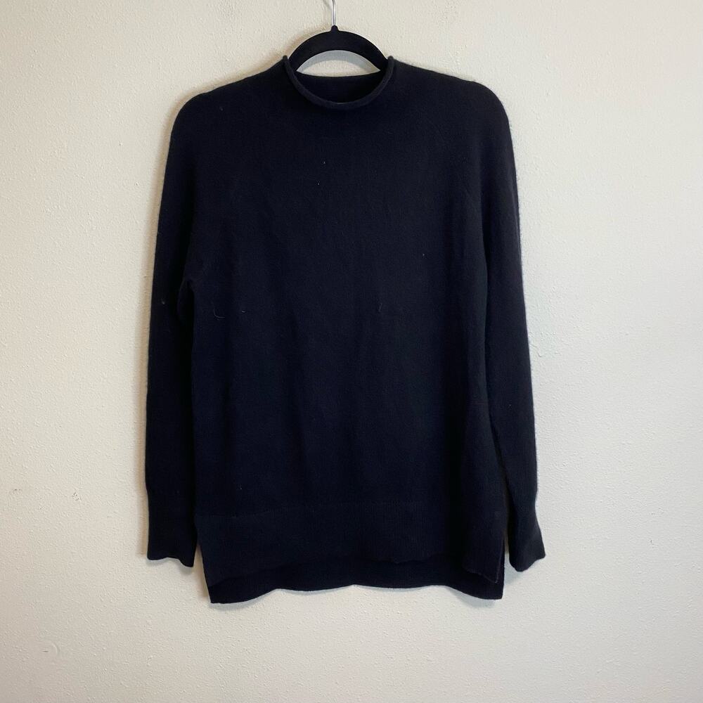 WHITE + WARREN Women's Sweater Cashmere Roll Edge Trim‎ Standneck Black Small